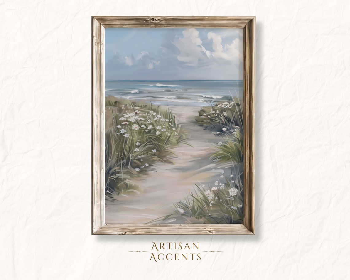 Sandy Beach Path Dune Grass White Wildflowers Ocean View Art Poster