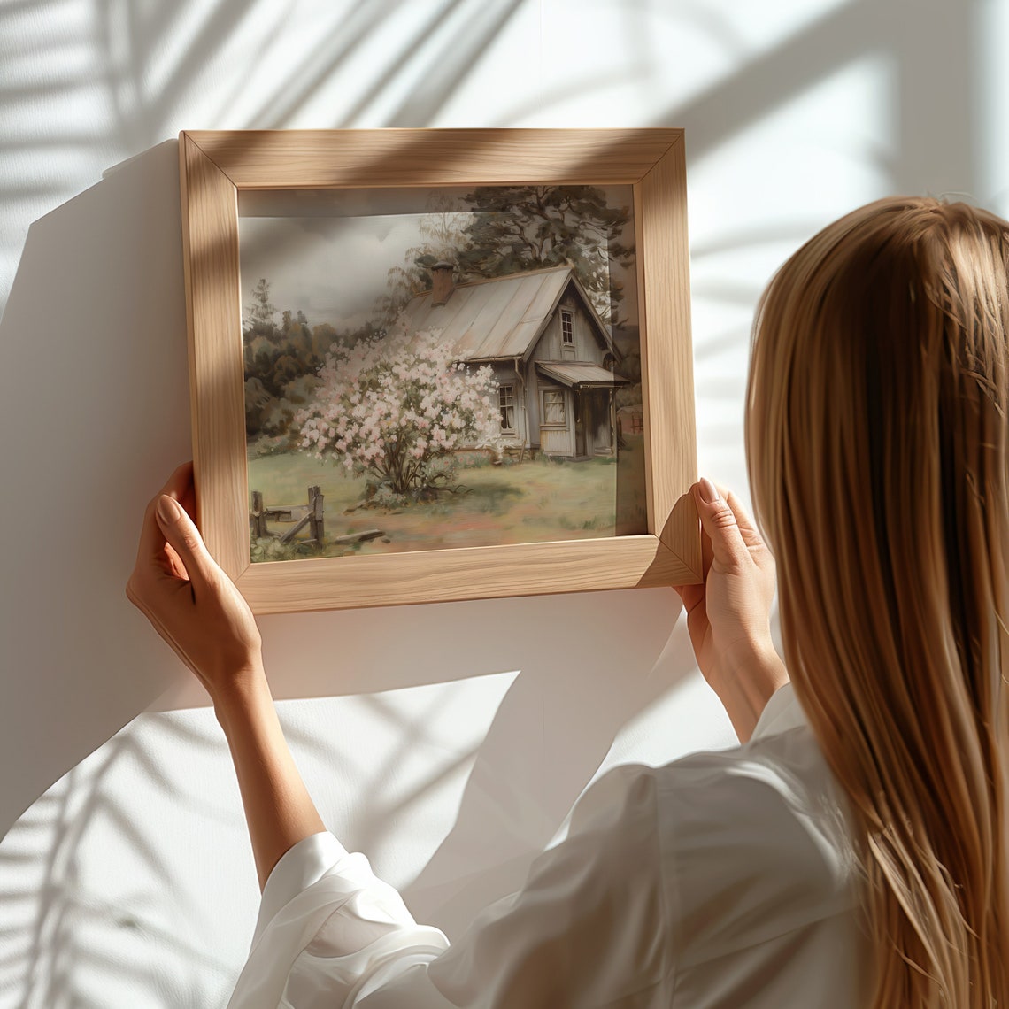 Rustic Cottage With Blooming Pink Tree Spring Garden Art Print - Image 3