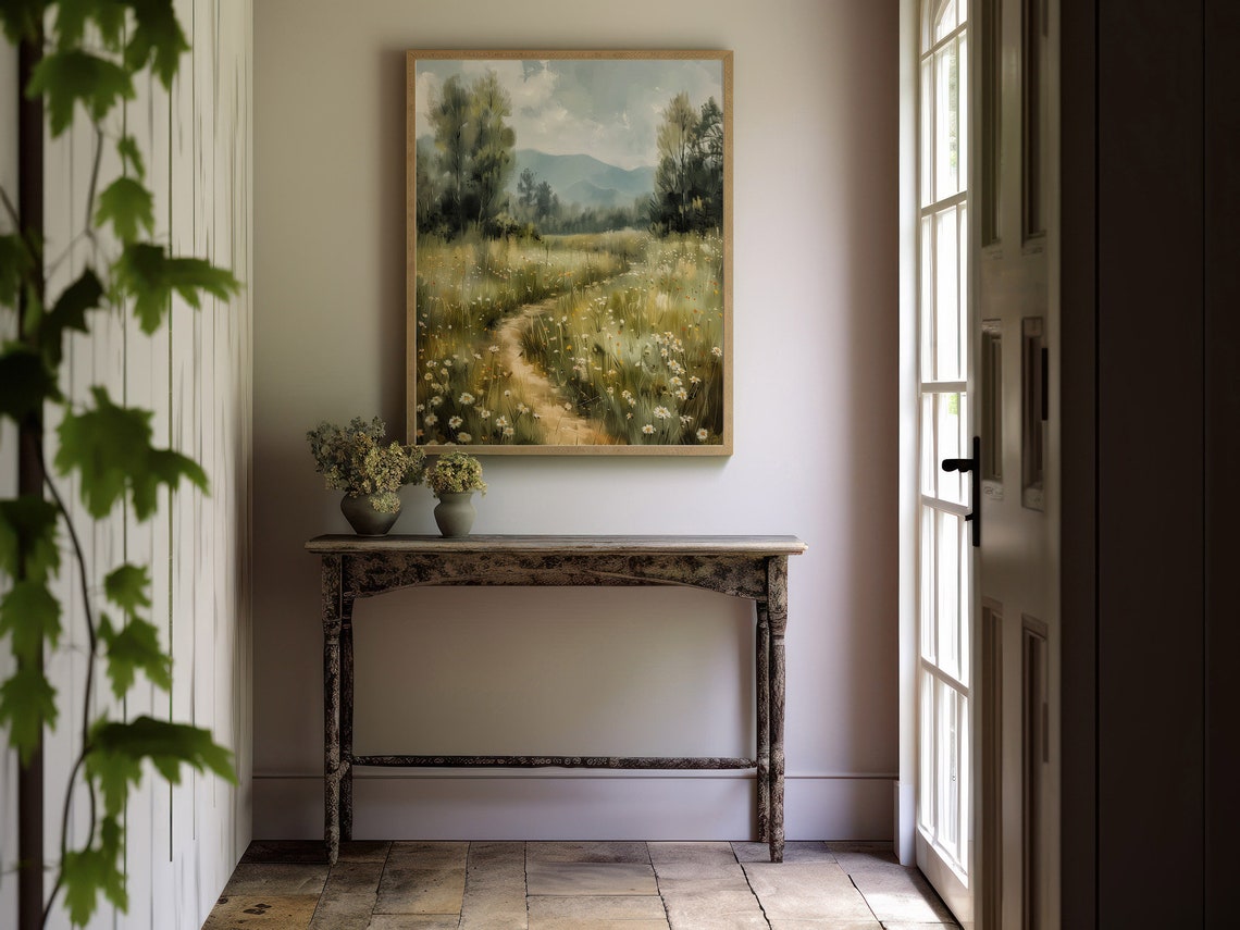Wildflower Meadow Path Daisies Mountain View Spring Landscape Print - Image 4