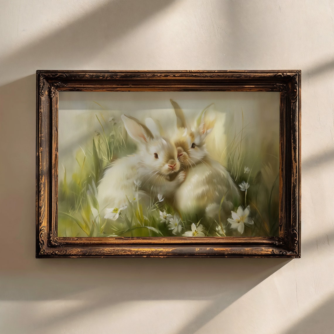 Two Bunnies Cuddling In Wildflower Meadow Sweet Spring Painting Print - Image 2