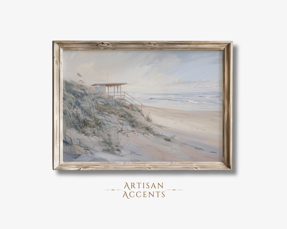 Beach Dunes With Lifeguard Stand Serene Coastal Oil Painting Wall Art