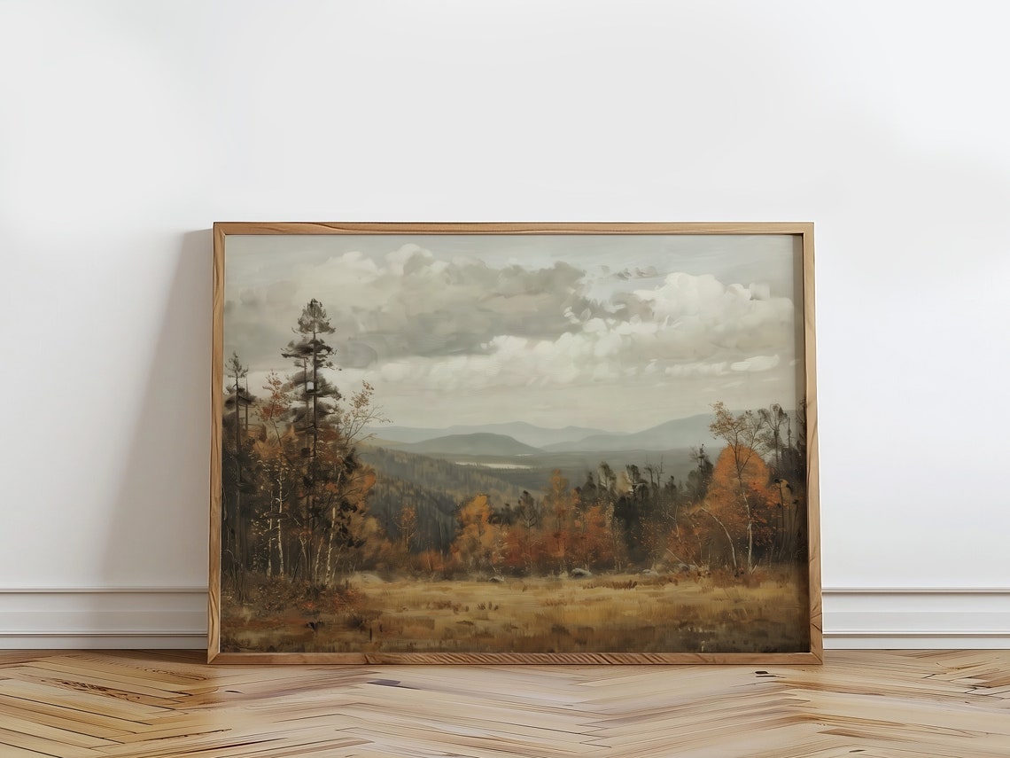 Golden Autumn Meadow Fall Trees Distant Mountains Landscape Art Print - Image 4
