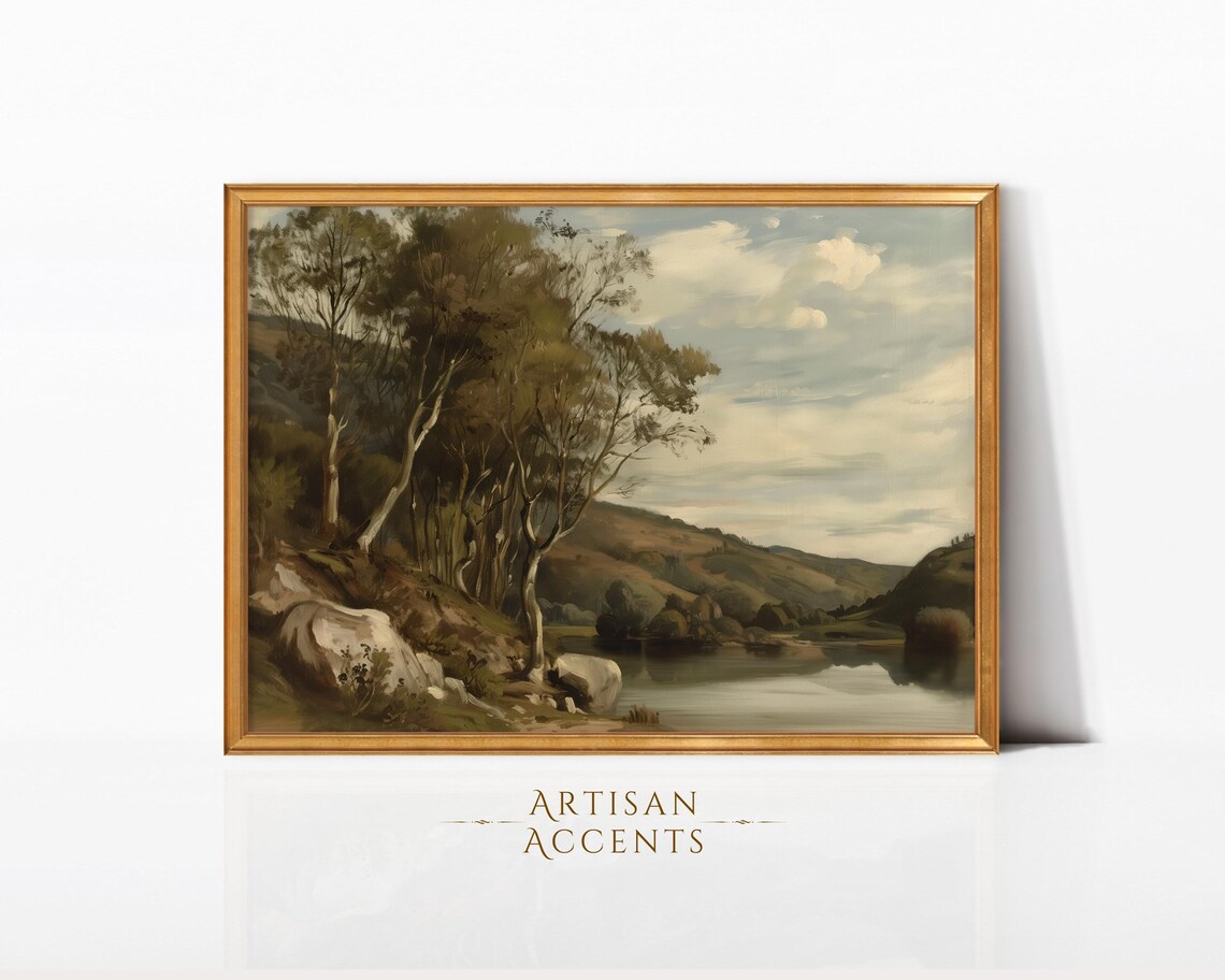 Rustic Mountain Lake With Trees Vintage Landscape Oil Painting Print - Image 5