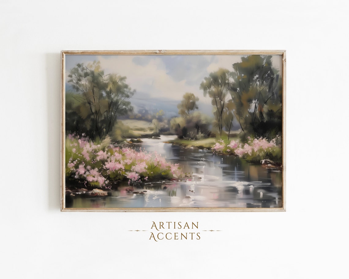Wildflower River Banks Pink Blossoms Serene Landscape Painting Print