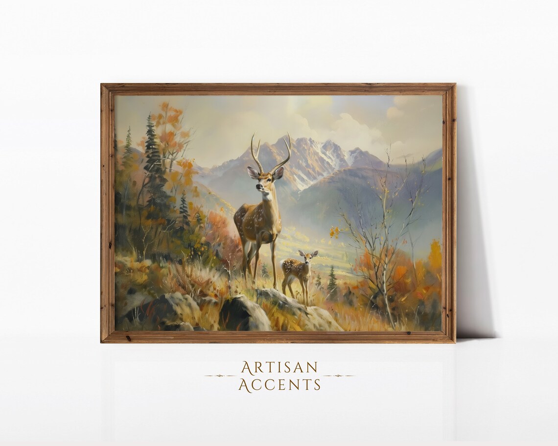 Stag And Fawn In Autumn Mountain Landscape Wildlife Painting Print