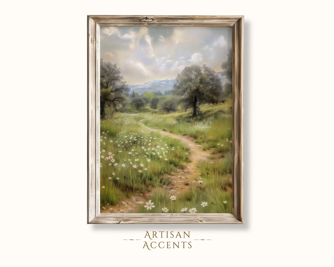 Green Meadow Path With Daisies Spring Countryside Landscape Art Print