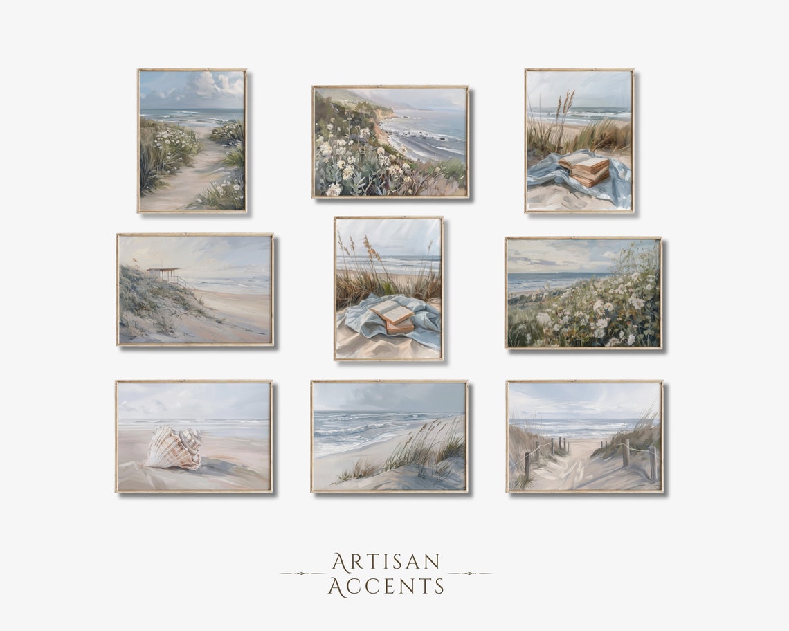 Set Of Nine Beach Coastal Paintings Gallery Wall Art Collection