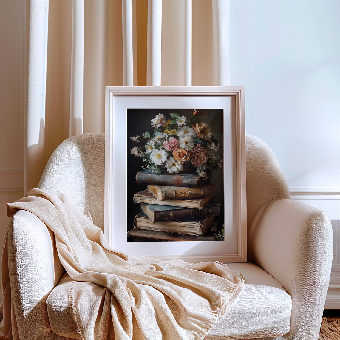 Vintage Books Stacked With Wildflowers Still Life Oil Painting Print - Image 4