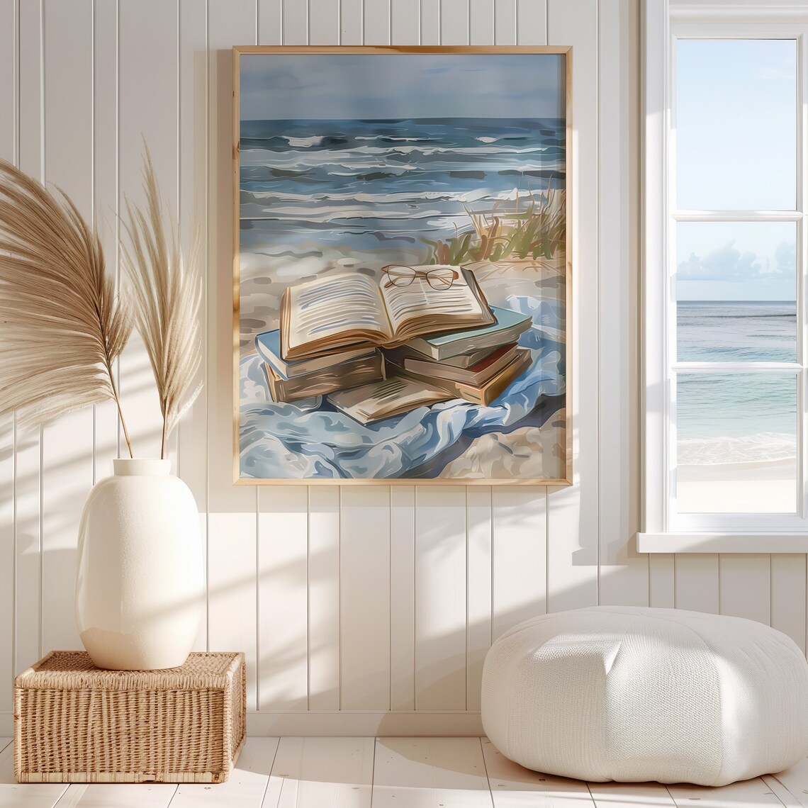 Vintage Books Beach Oil Painting, Oceanfront Art Print - Image 4