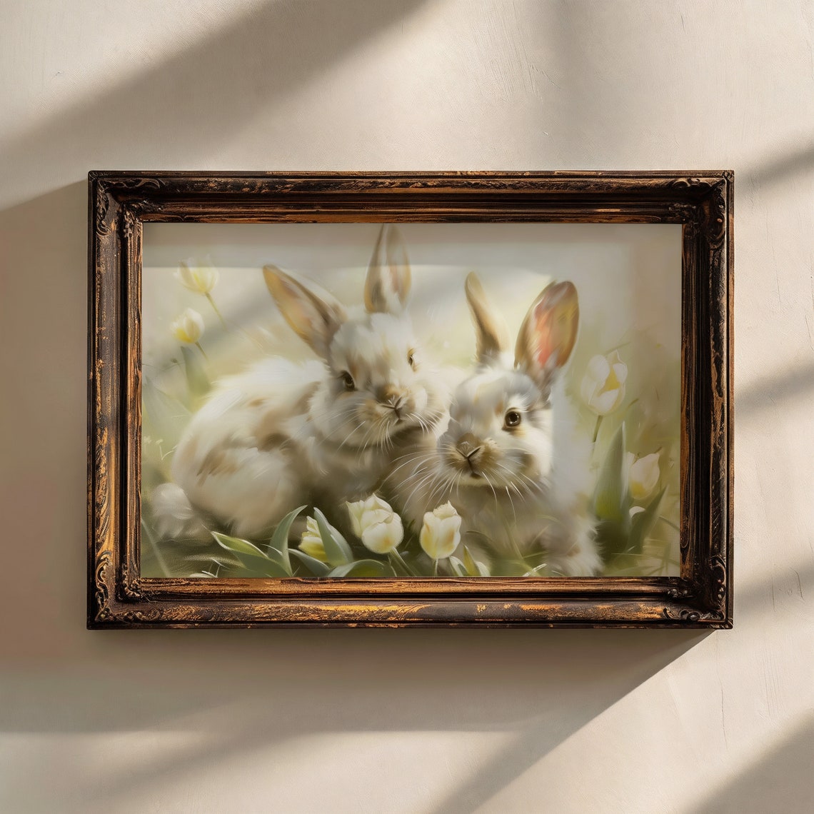 Two White Bunnies Among Tulips Spring Floral Oil Painting Wall Art - Image 2
