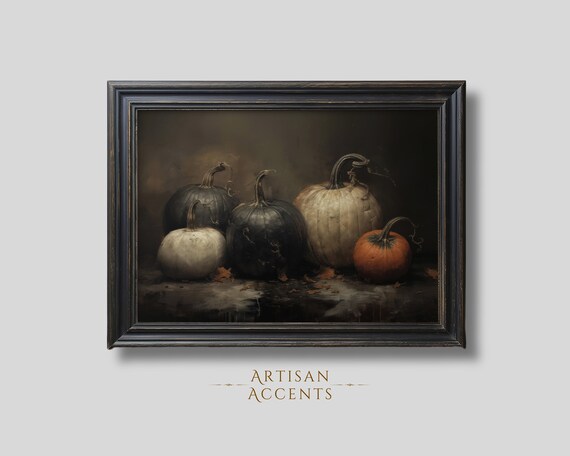 Dark Moody Pumpkins In Black Frame Fall Harvest Still Life Art Print
