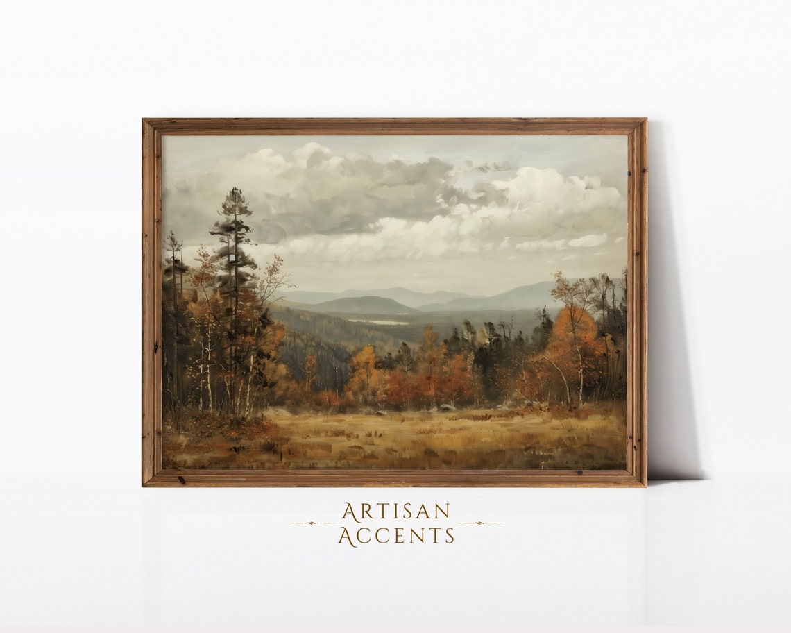 Golden Autumn Meadow Fall Trees Distant Mountains Landscape Art Print
