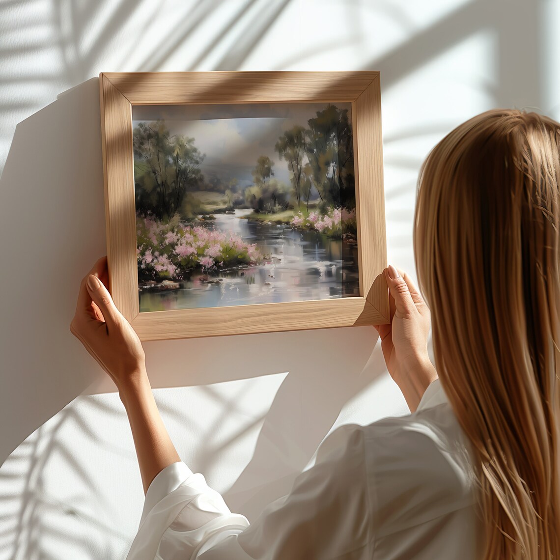 Wildflower River Banks Pink Blossoms Serene Landscape Painting Print - Image 3