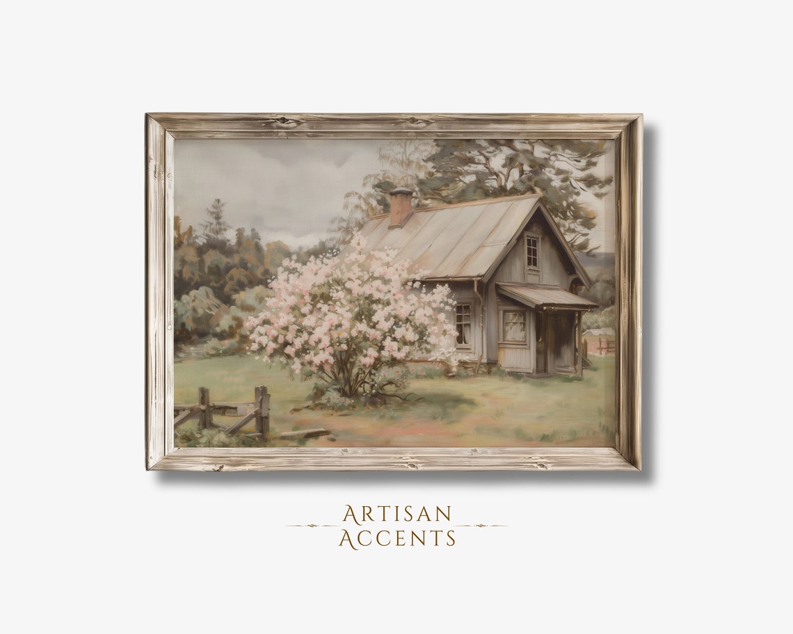 Rustic Cottage With Blooming Pink Tree Spring Garden Art Print