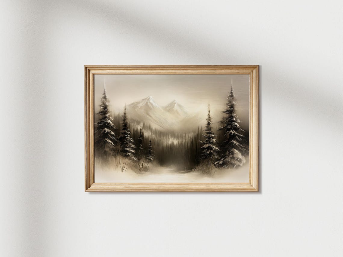 Misty Mountain Sepia Winter Forest Vintage Oil Painting Art Print - Image 2
