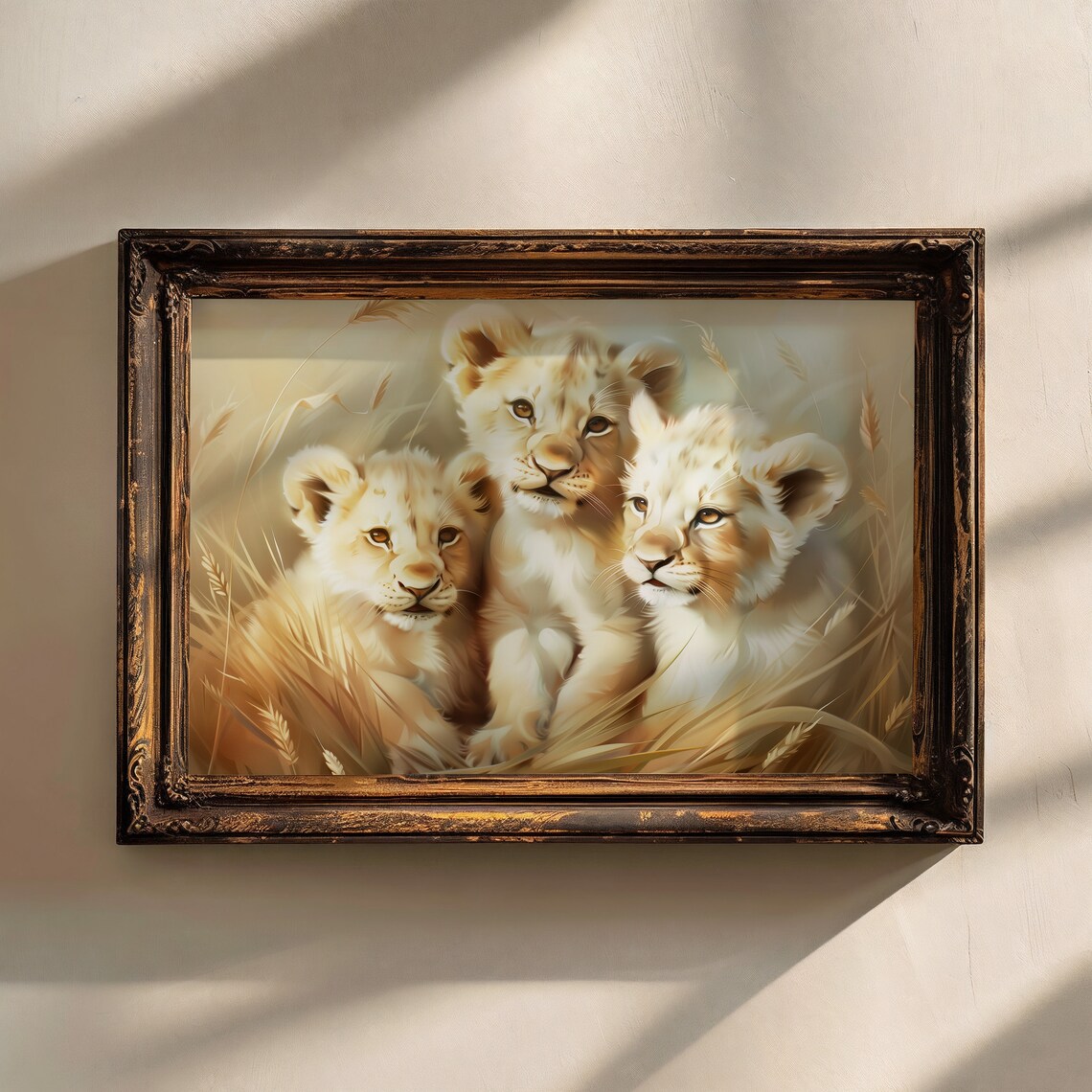 Three Lion Cubs In Golden Grass Safari Wildlife Oil Painting Print - Image 2