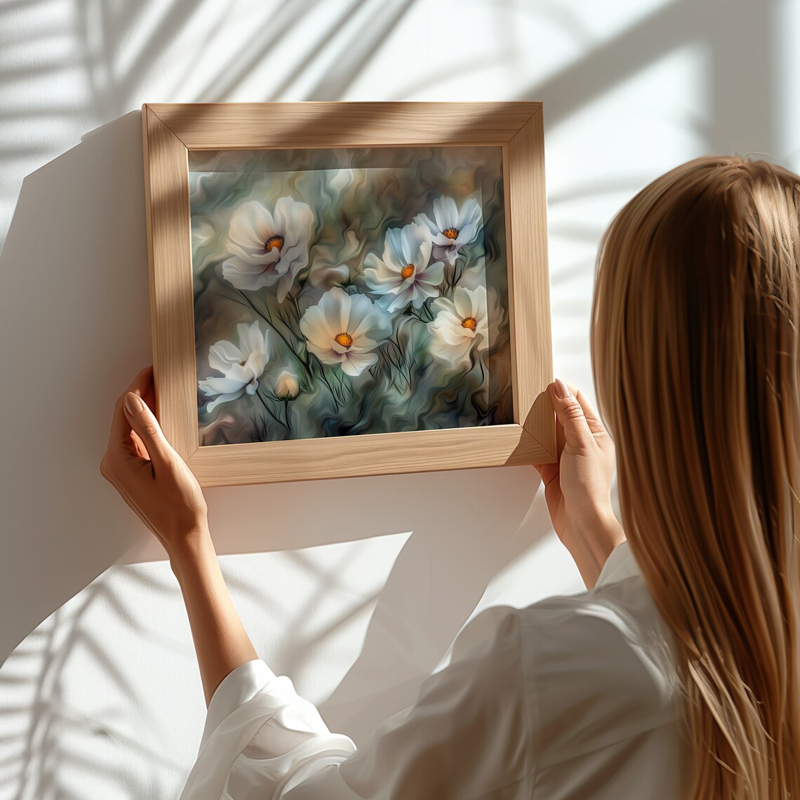 White Cosmos Flowers Abstract Floral Oil Painting Botanical Wall Art - Image 5