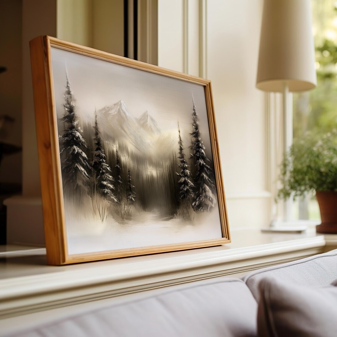 Misty Mountain Sepia Winter Forest Vintage Oil Painting Art Print - Image 5