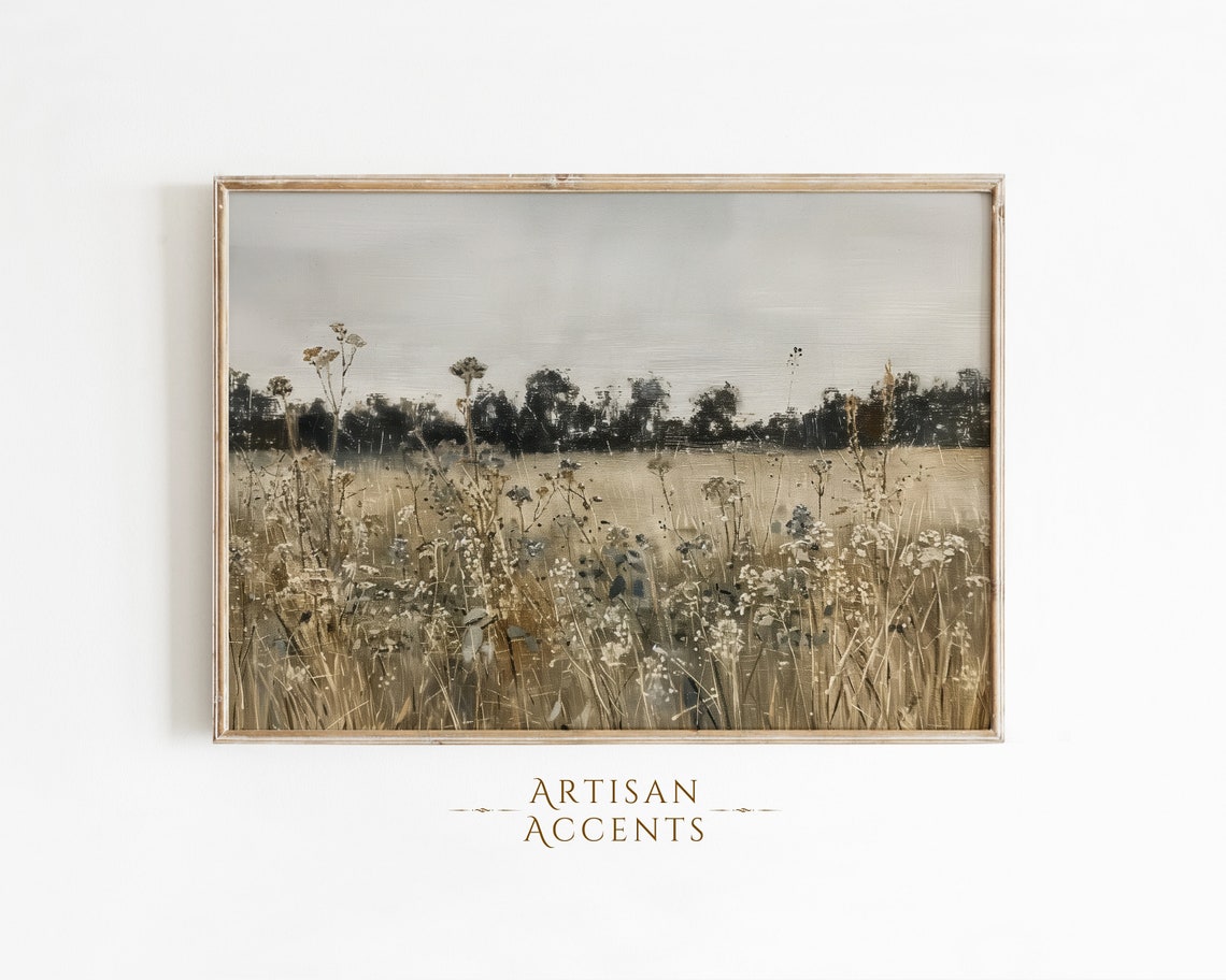 Wildflower Field In Neutral Tones Rustic Meadow Oil Painting Art Print