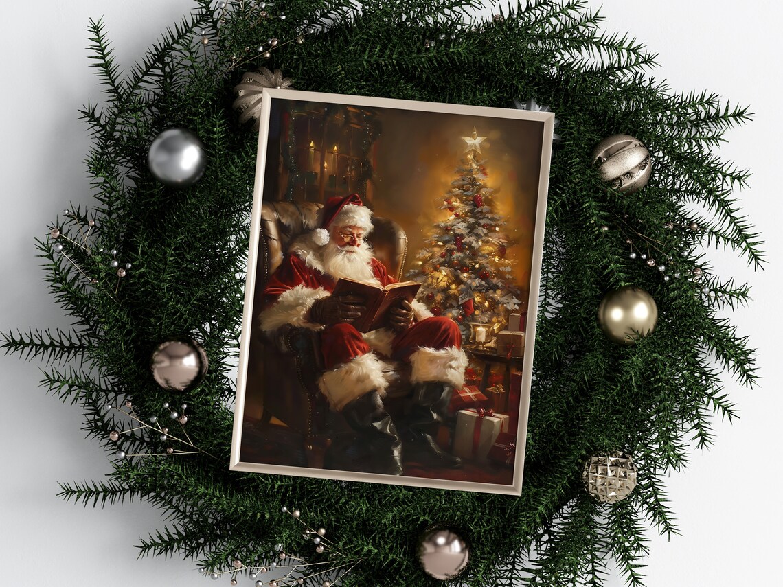 Santa Claus Reading Book Armchair Christmas Tree Gifts Vintage Print - Image 4