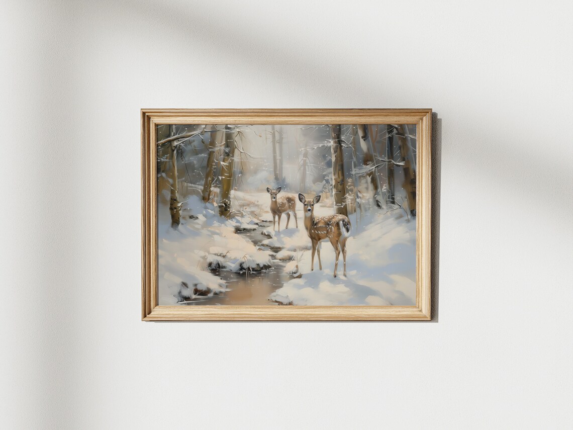Deer Snowy Winter Forest Stream Vintage Wildlife Oil Painting Poster - Image 3