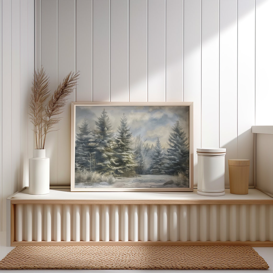 Snowy Pine Forest Winter Landscape Vintage Oil Painting Wall Art - Image 3