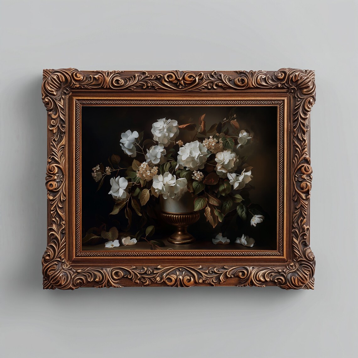 White Hydrangea Urn Dark Moody Floral Still Life Vintage Art Print - Image 4