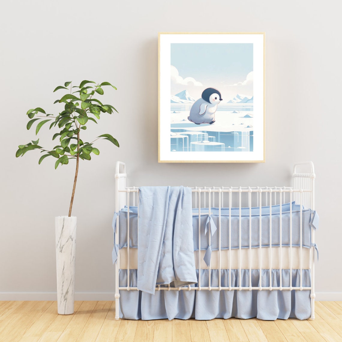Baby Penguin Chick Ice Floe Antarctic Blue Nursery Illustration Print