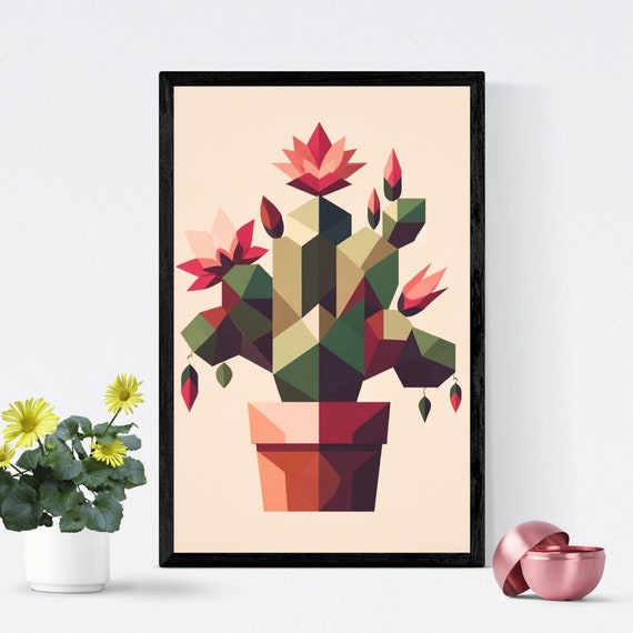 Abstract Geometric Cactus Print Modern Blooming Cacti Illustration Bold Colorful Desert Plant Artwork