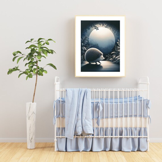 Hedgehog Moonlit Forest Journey Glowing Full Moon Night Nursery Print