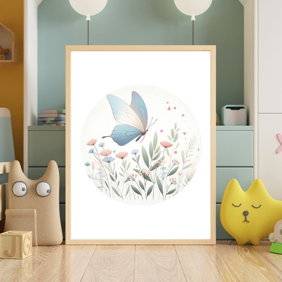 Blue Butterfly Wildflower Meadow Watercolor Kids Room Poster - Image 2