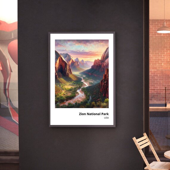 Zion National Park Art Print Stunning Painting Of Utahs Scenic Beauty Vibrant Wall Decor Majestic Canyon Landscape Art