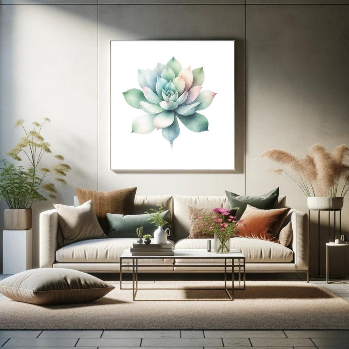 Pastel Echeveria Succulent Rosette Soft Watercolor Botanical Poster - Image 3