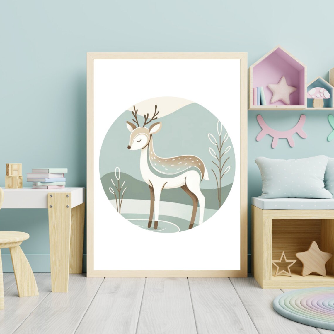 Stylized Deer Antlers Teal Landscape Illustration Modern Nursery Poster - Image 4