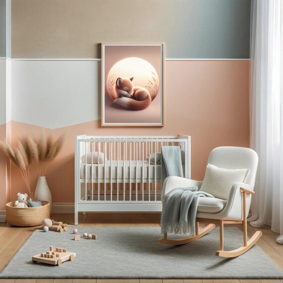Sleeping Fox Sunset Nursery Print Cozy Baby Room Animal Illustration Poster