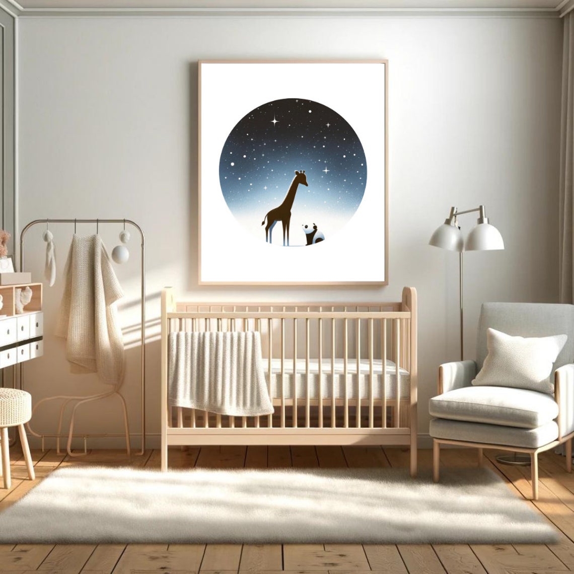 Giraffe Panda Starry Night Silhouette Magical Nursery Kids Wall Art - Image 4
