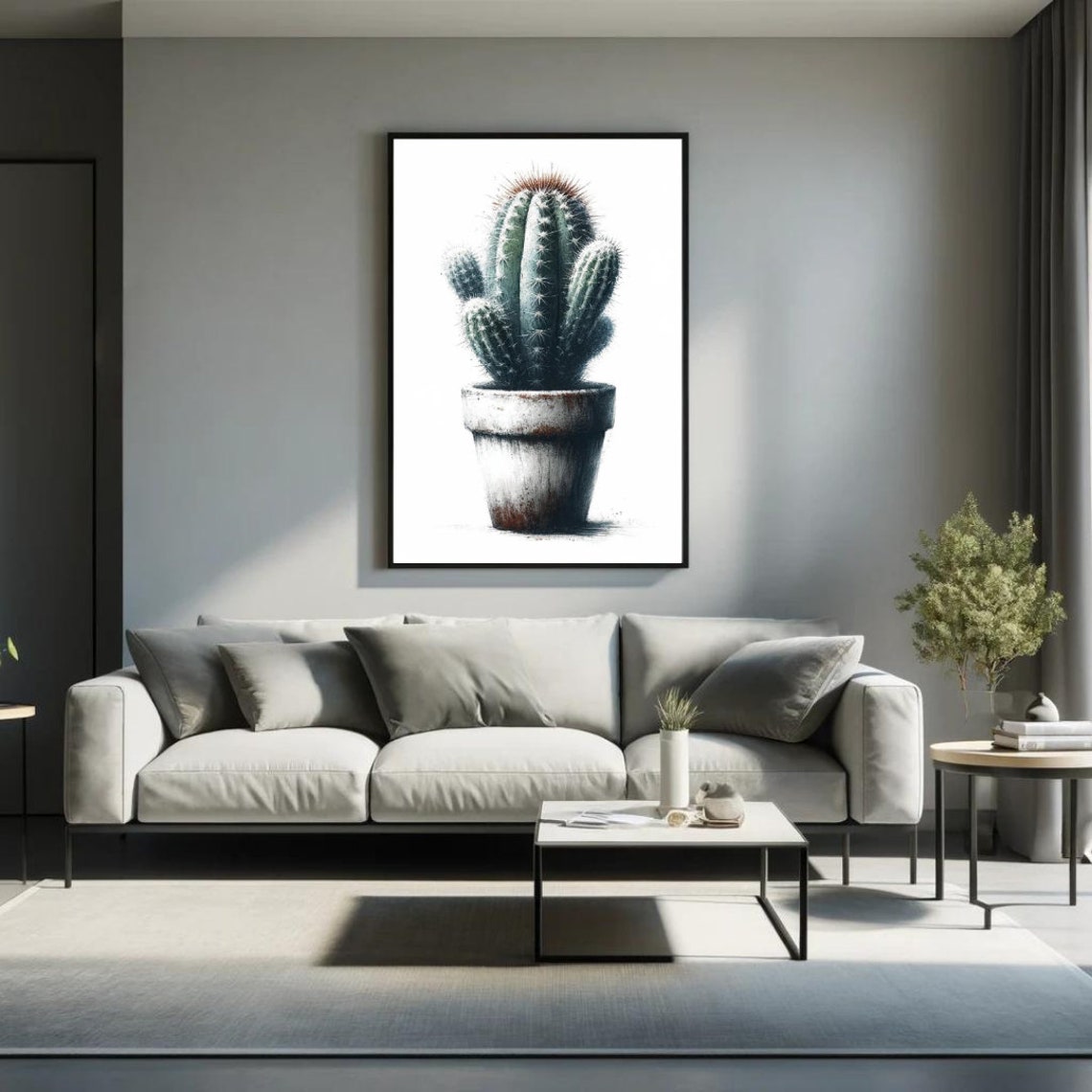 Tall Cactus Weathered Pot Cool Watercolor Minimalist Botanical Poster
