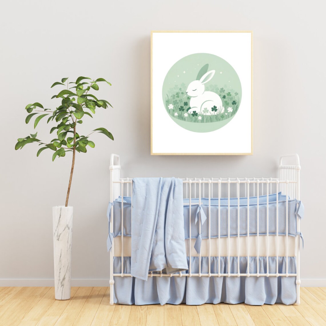 White Bunny Clover Field Soft Green Nursery Rabbit Illustration Wall Art - Image 2