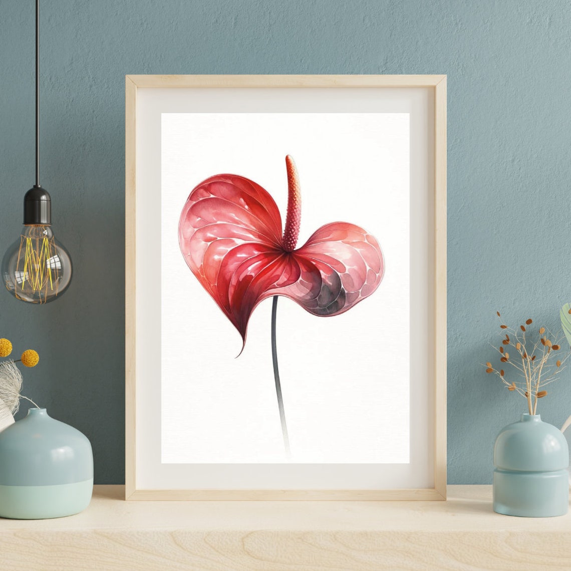 Lustrous Red Anthurium Watercolor Art Exotic And Bold Floral Print For A Striking Home Accent - Image 2
