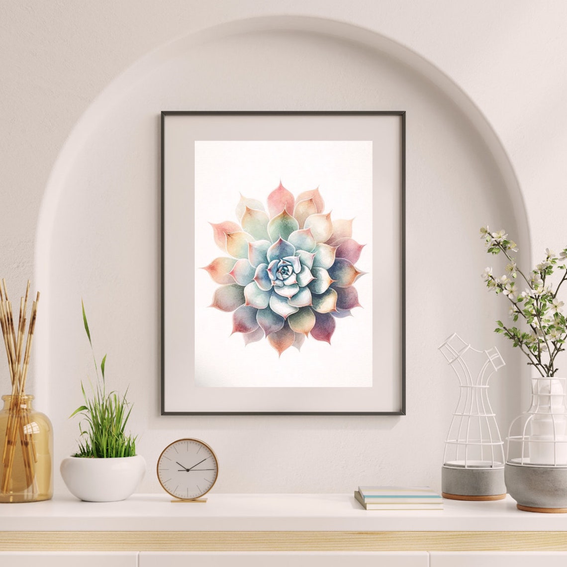 Rainbow Pastel Succulent Rosette Serene Watercolor Botanical Poster - Image 2