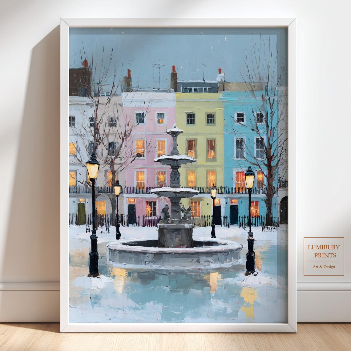 Snowy Fountain Pastel Townhouses Winter Lamppost Impressionist Wall Art