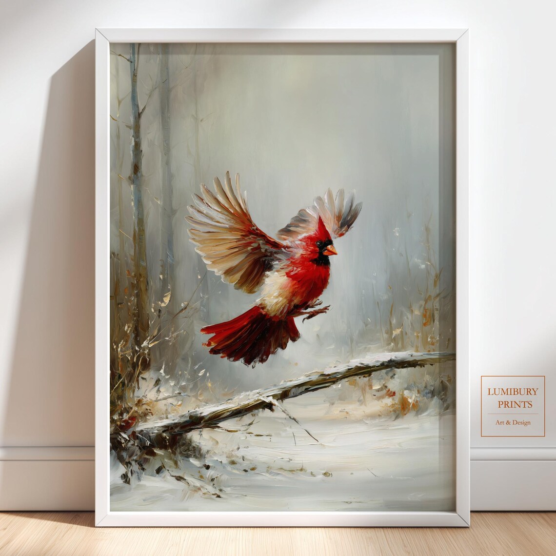 Red Cardinal Soaring Over Snowy Winter Landscape Frosty Branch Bird Art Print