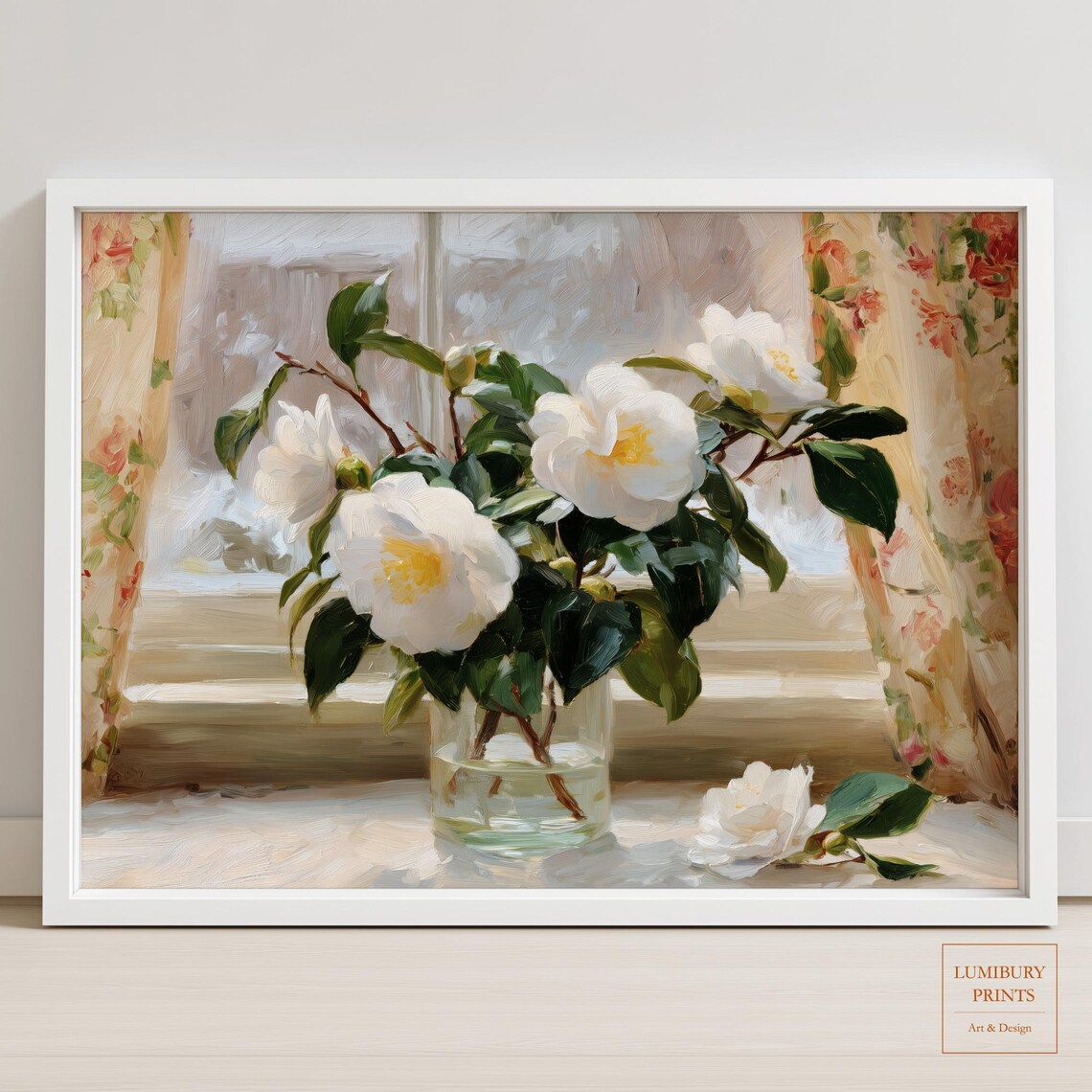 White Camellia Blossoms in Glass Vase by Bright Window Impressionist Art Print