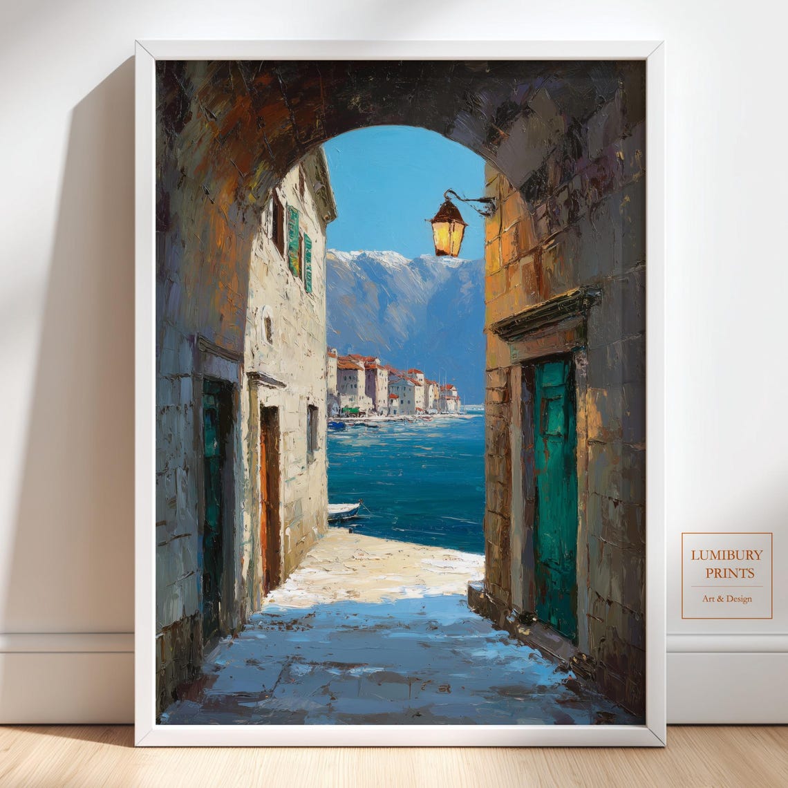 Snowy Mediterranean Archway Harbor Winter Lantern Oil Painting Poster