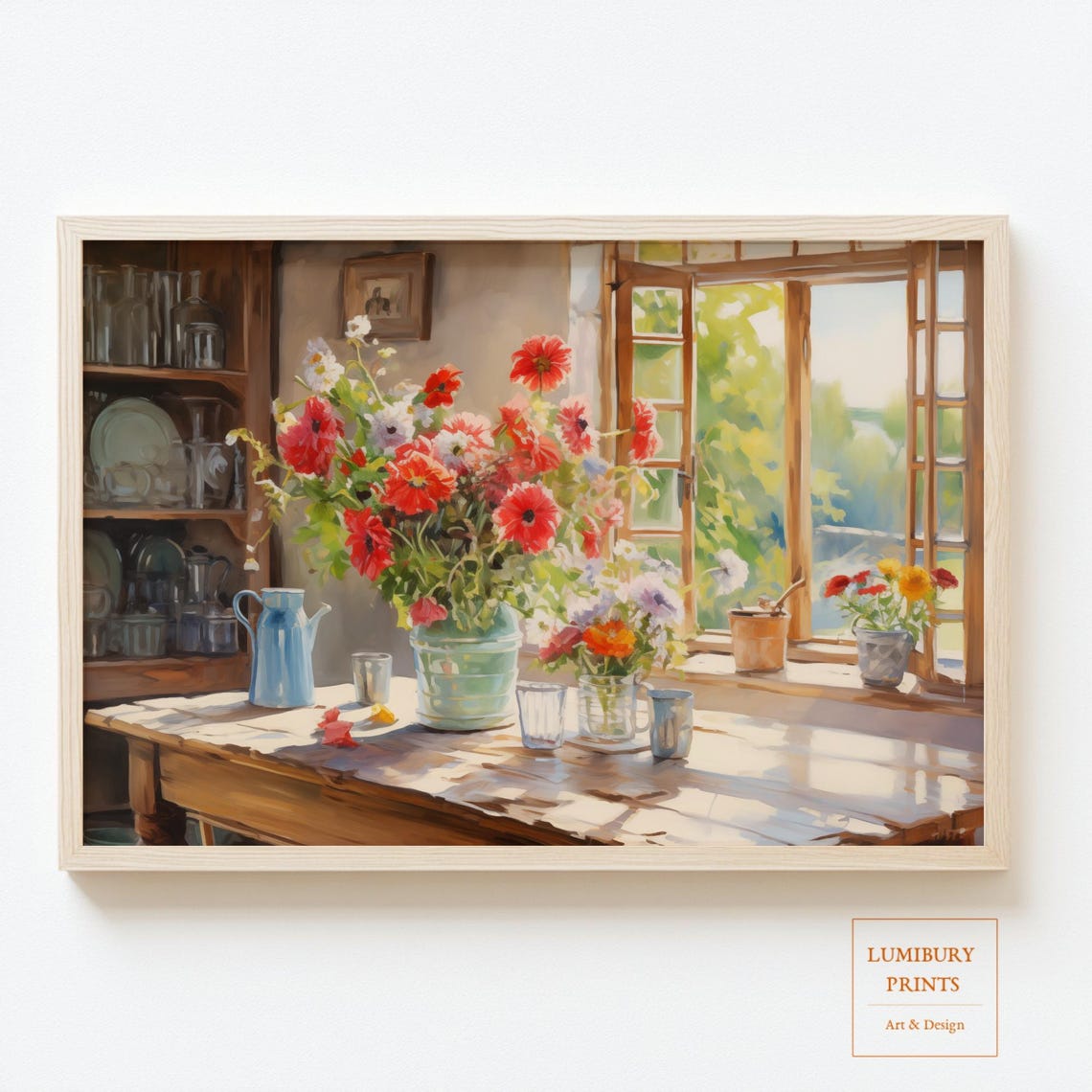 Sunlit Kitchen Wildflowers Red Bouquet Window Painting Poster