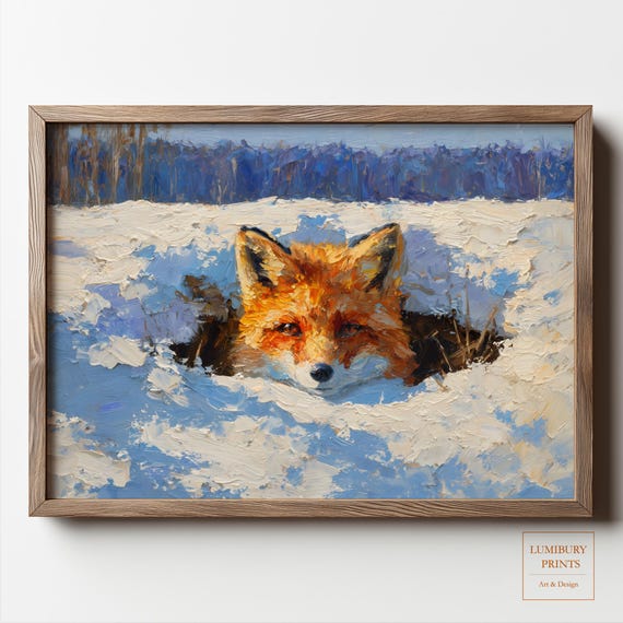 Winter Fox Wall Art Snow Rustic Animal Print Impasto Oil Painting Instant