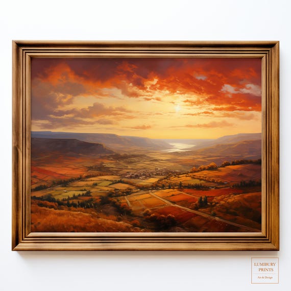 Fall Landscape Art Sunset Wall Decor Vintage Autumn Countryside Farmhouse Instant