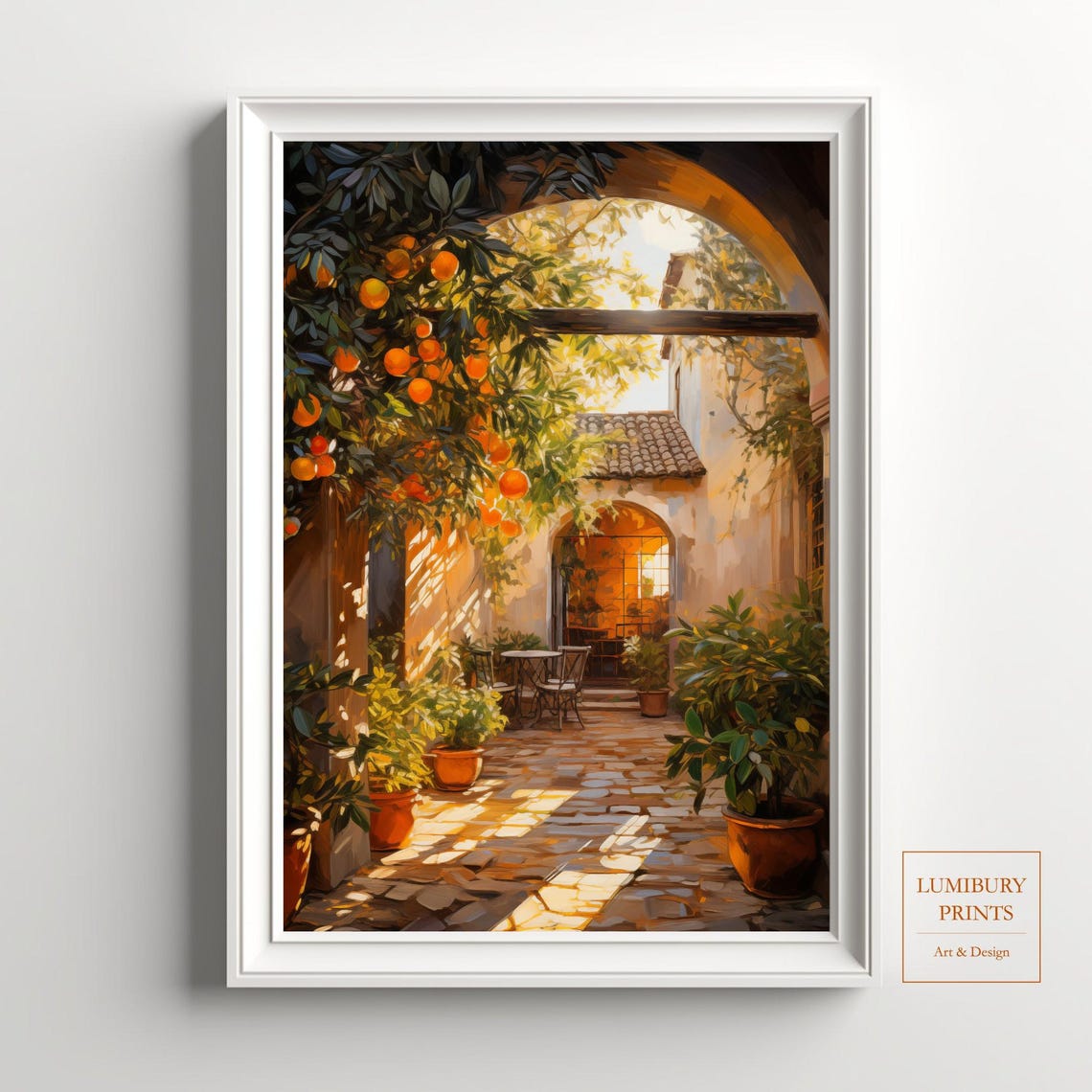 Mediterranean Orange Tree Archway Sunlit Stone Patio Vintage Poster
