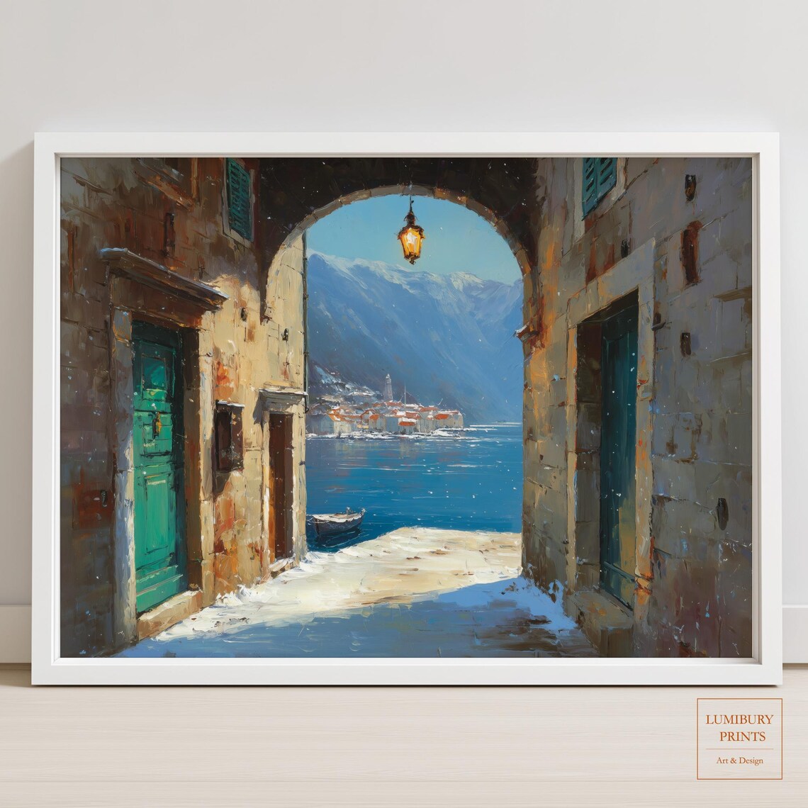 Snowy Winter Harbor Alley Oil Painting Lantern Seaside Town Poster