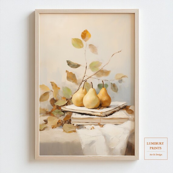 Three Golden Pears Stacked Books Autumn Branch Neutral Poster